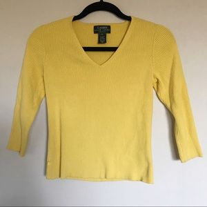 Lauren Ralph Lauren Petite Yellow Ribbed V-Neck Size PP Cotton Preppy Y2K Casual